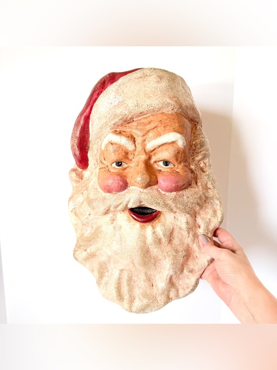 17” Vintage Paper Mâché Santa Face Wall Hanging Classic 1930s–50s Christmas